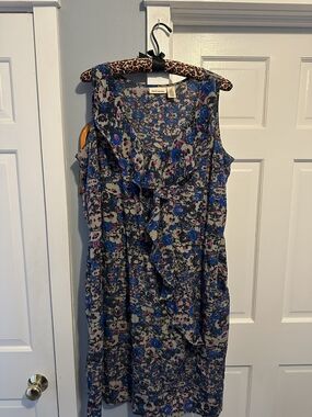 DKNY Blue and Pink Floral Ruffle Midi Dress